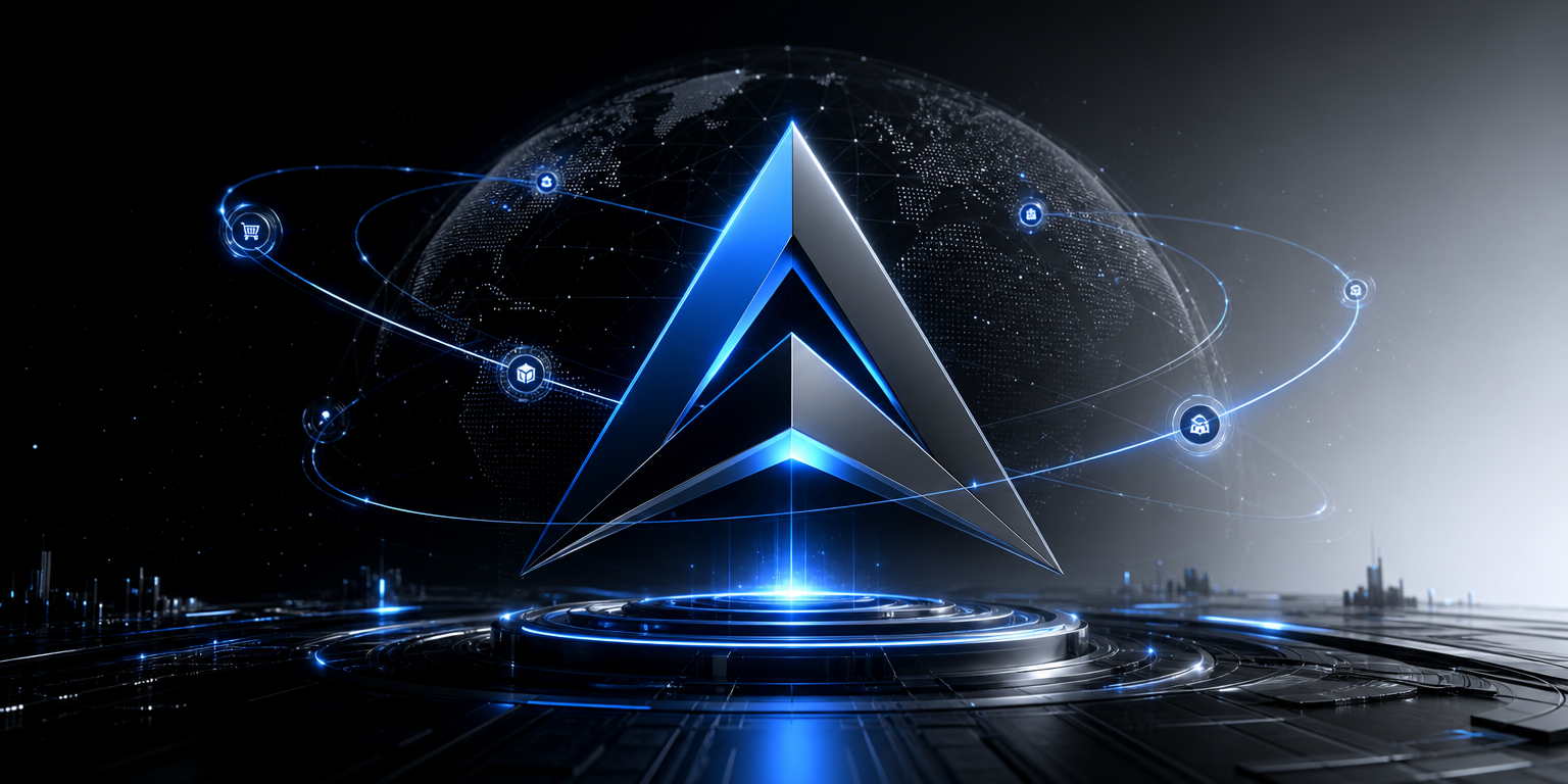 ApexCommerce Engine Global Apex Symbol with orbit rings and AI nodes